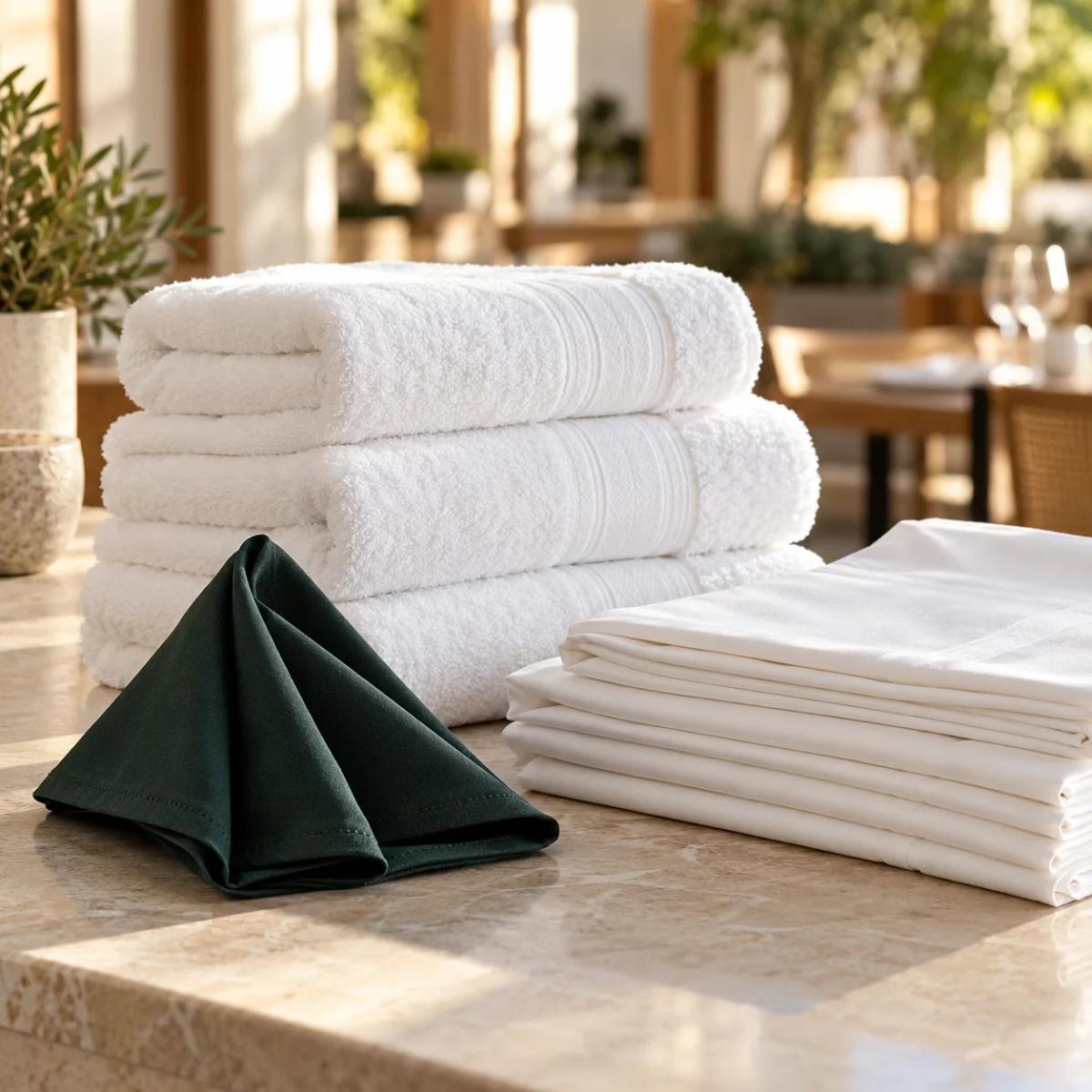 Fresh white towels and neatly folded table linen with a forest green napkin